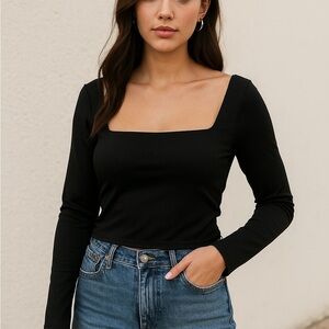 Express Black Square Neck Long Sleeve Top